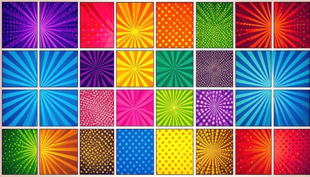 A grid of colorful, textured comic book style backgrounds with various burst, dot, and ray patterns