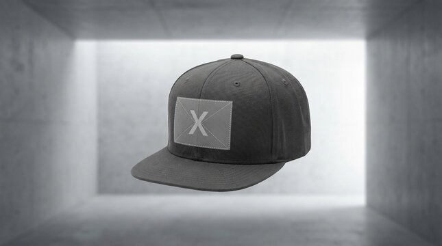 Dark grey cap with x letter logo branding on display snapback headwear