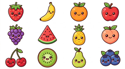 Collection of Cute Kawaii Fruits with Faces. © Bang
