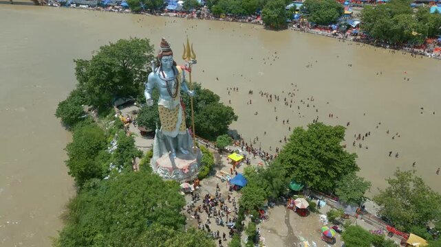 The majestic aerial view captures Haridwar's core: the sacred Har Ki Pauri ghat on the Ganges, the colossal Lord Shiva Statue, and the hilltop Mansa Devi Temple