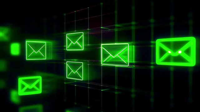 Abstract digital background with glowing green envelope icons representing electronic communication and data transmission.