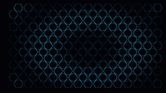 Abstract dark background featuring a glowing blue hexagonal grid pattern