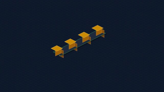 A sequence of four isometric orange platforms on a transparent glass bridge