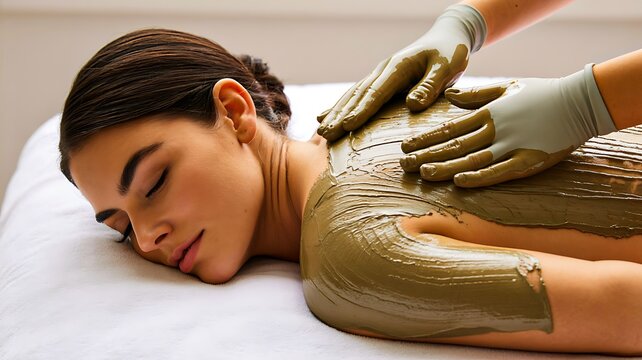 Woman relaxing during spa mud therapy massage treatment with natural skincare and wellness concept