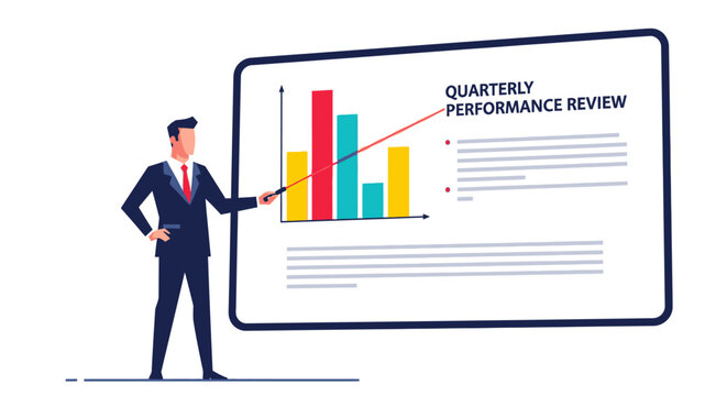 Businessman presenting quarterly performance review with bar chart and laser pointer vector illustration