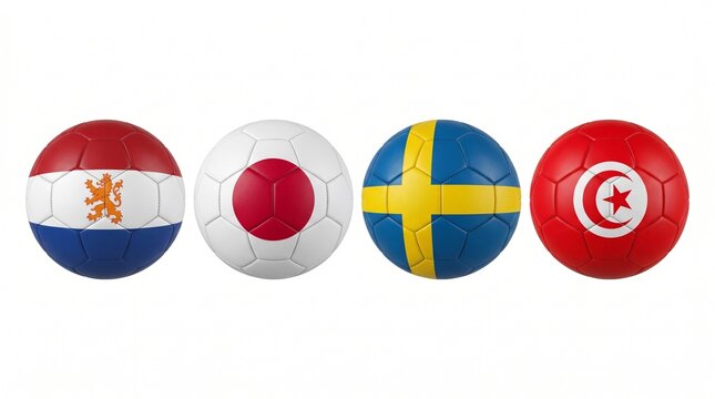 Group F Four Soccer Balls with National Flags of Netherlands, Japan, Sweden, and Tunisia Isolated on White Background 3D Illustration