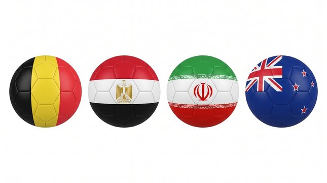 Group G Four Soccer Balls with National Flags of Belgium, Egypt, Iran, and New Zealand Isolated on White Background 3D Illustration