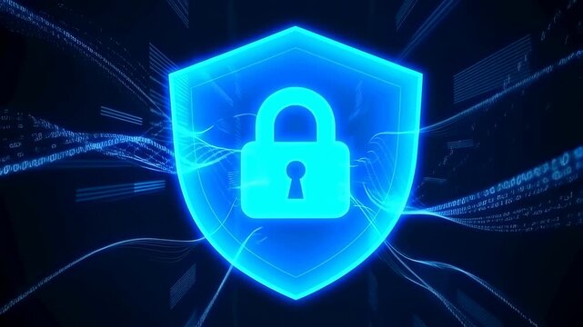 Animated digital lock symbol on a glowing shield background. Represents cybersecurity, data protection, and online safety in the digital age