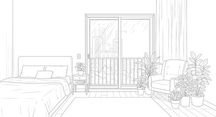 Fototapeta premium Bedroom Interior Line Art Illustration with Sliding Glass Door and Houseplants