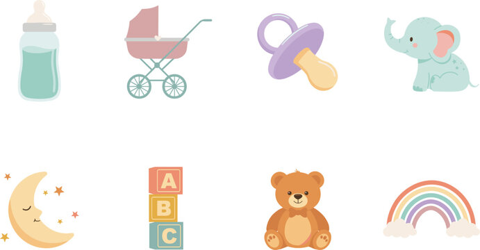 Set of cute baby nursery vector illustrations including bottle stroller pacifier elephant abc blocks teddy bear rainbow and moon