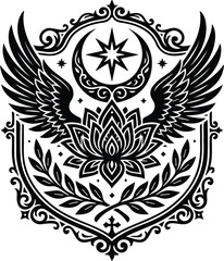 Fototapeta premium Winged lotus flower with moon and star emblem vector line art and ornate shield pattern.