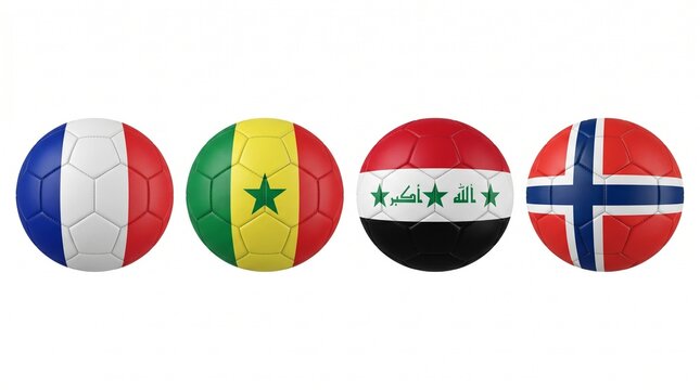 Group I Four Soccer Balls with National Flags of France, Senegal, Iraq, and Norway Isolated on White Background 3D Illustration