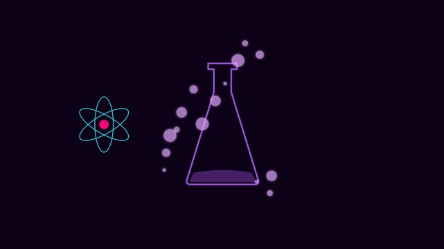 A neon glowing atom symbol next to a conical flask with floating particles