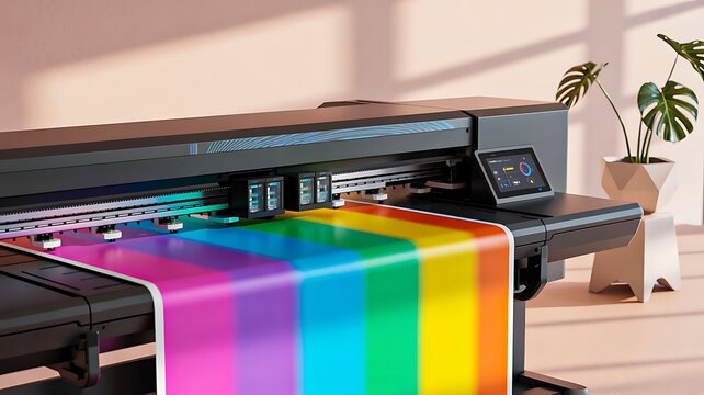 Large format printer printing colorful rainbow banner in modern print shop workspace