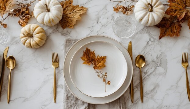 Elegant Thanksgiving table setting with pumpkins and gold cutlery