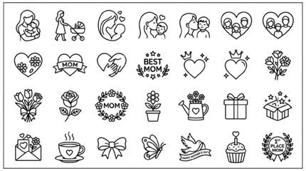 Obraz premium Premium commercial vector set featuring 25 unique elements related to Mother's Day, including mother and child, heart, flower bouquet, gift box, greeting card, tea cup, butterfly, ribbon, family symbo
