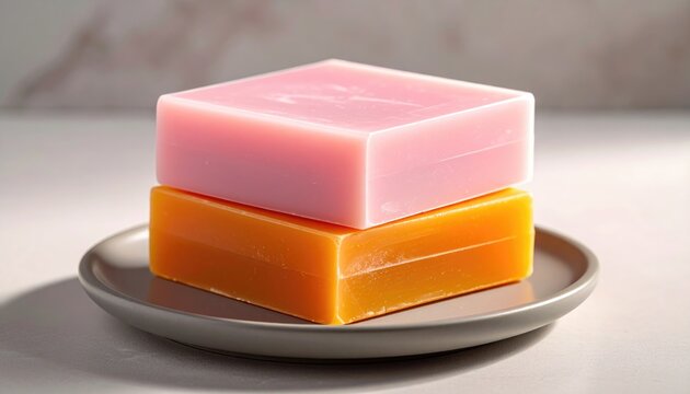 Stacked, smooth, square soaps, pink atop orange, on a gray dish