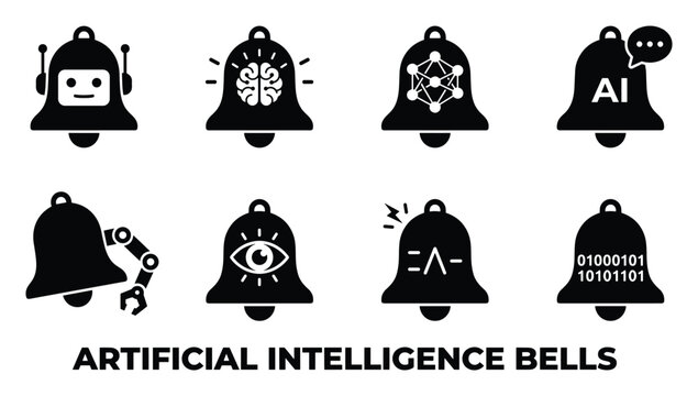 Artificial intelligence bells icons set in solid black for technology, robots, brain, network, chatbot.