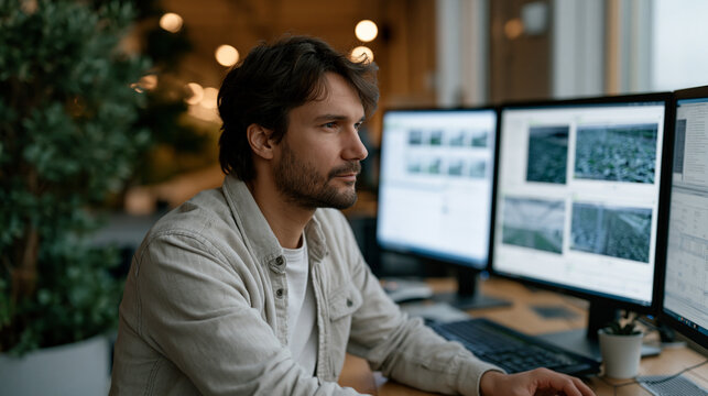 Vertical farm automation control room operator monitoring crop growth algorithms across multiscreen dashboard, indoor agriculture technology management, precision horticulture