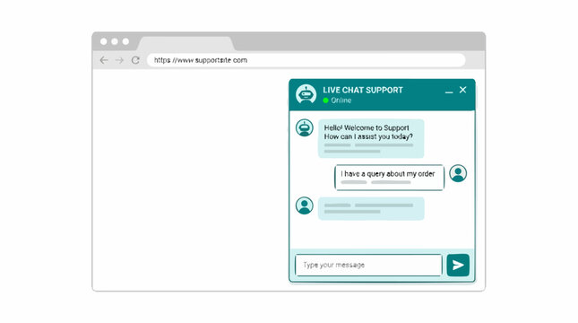 Live chat support interface on web browser window, customer service messenger widget, online help desk chat box vector illustration