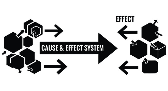 Cause and effect visualized with fragmented hexagonal shapes and arrows