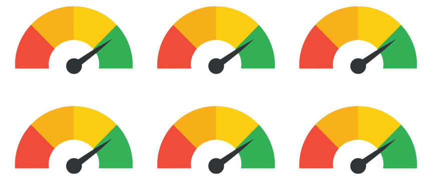 Speedometer gauge icon set, six meter indicators with different needle positions, speed levels, performance measurement, dashboard UI design elements.