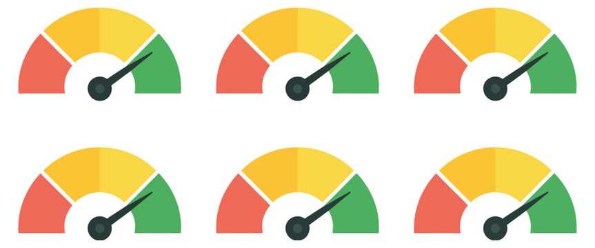 Speedometer gauge icon set, six meter indicators with different needle positions, speed levels, performance measurement, dashboard UI design elements.