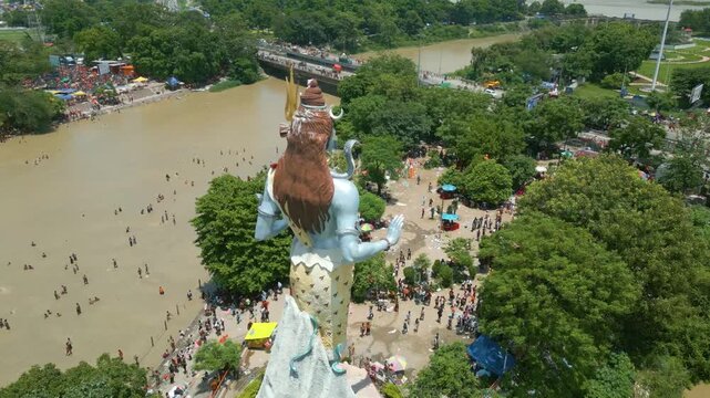 The majestic aerial view captures Haridwar's core: the sacred Har Ki Pauri ghat on the Ganges, the colossal Lord Shiva Statue, and the hilltop Mansa Devi Temple