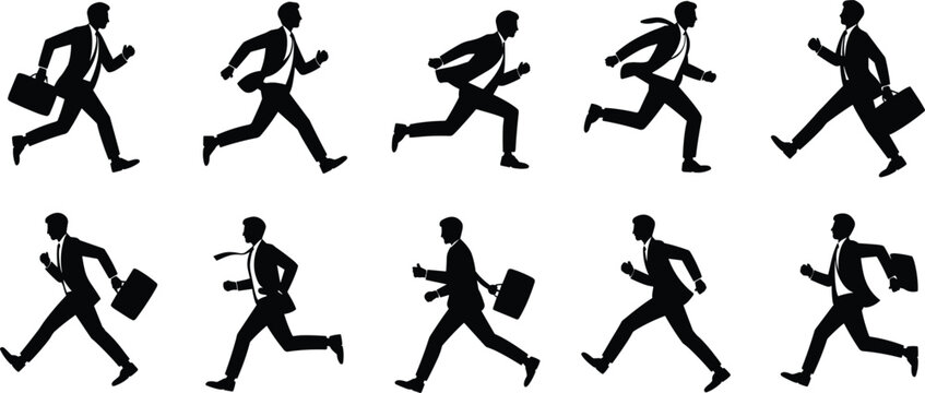 Ten black silhouettes of businessmen running with briefcases in formal attire businessman motion