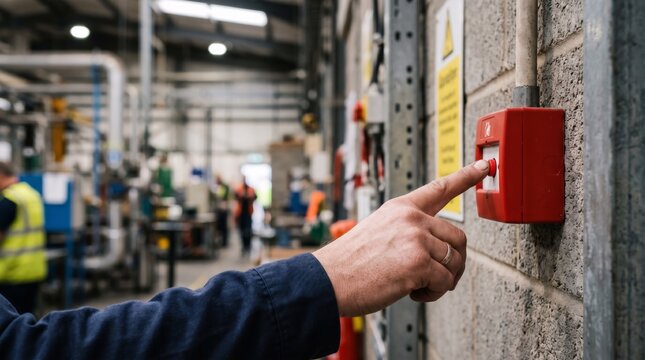 Man pressing red fire alarm button on factory wall. Emergency evacuation system in industrial workplace. Safety training and hazard prevention concept for manufacturing facility maintenance.