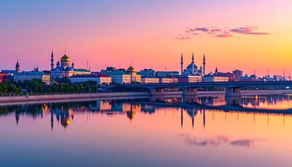 Naklejka premium Colorful City Skyline Reflecting on Calm River at Sunset with Bridge and Historic Towers