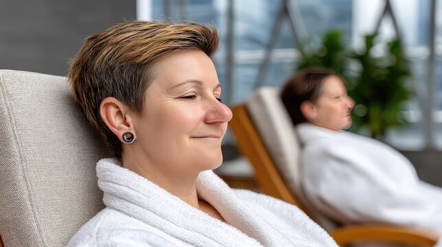 Person with blonde undercut hairstyle enjoys a relaxing moment while seated in a lounge chair, another person nearby in a white robe