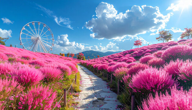 Pink Blossom Path Through Flower Fields