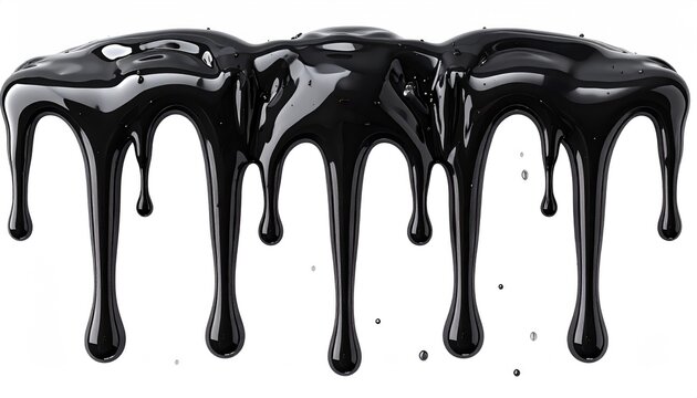 Viscous black liquid dripping in thick strands against a white background