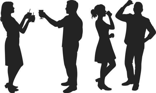 Four Silhouettes of People Holding Drinks and Socializing on White Background Keywords: silhouette, people, group, social, drinking