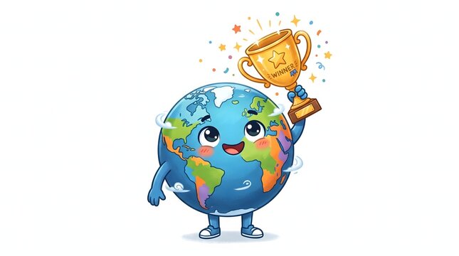 Cute planet Earth character holding a gold trophy and celebrating success in a colorful educational illustration.