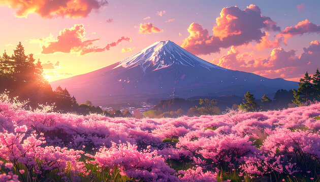 Mount Fuji with Pink Blossoms at Sunset