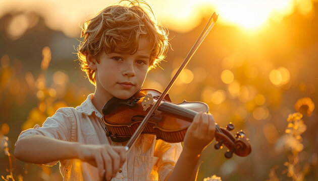 Child Violinist at Sunset Portrait