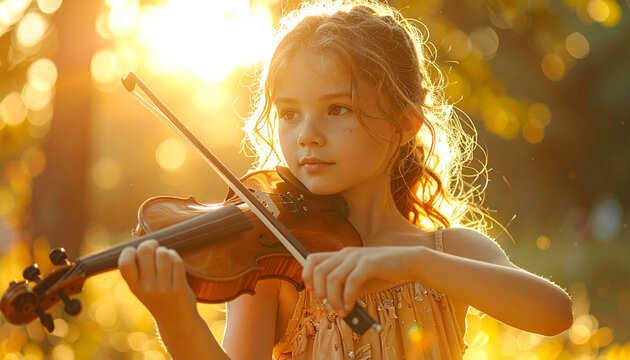 Little Girl Playing Violin Outdoors