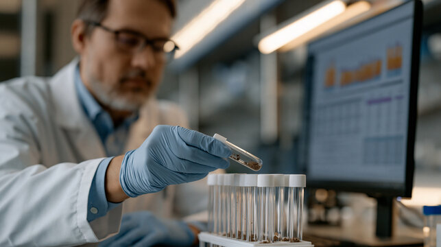 Microbiome soil health laboratory analysis in progress, a soil scientist in gloves transferring small earth samples into test tubes under bright bench lighting while genomic