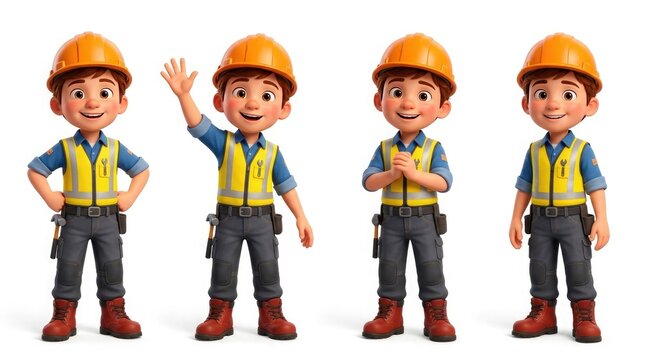 Four poses of a young male construction worker cartoon character