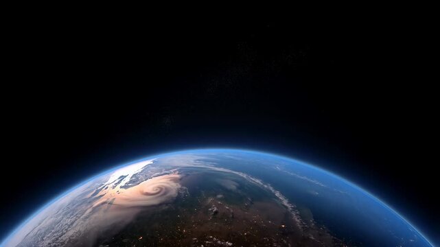 Stunning view of Earth from space showcasing swirling clouds and city lights at night. A reminder of our planet's beauty and fragility in the vast universe