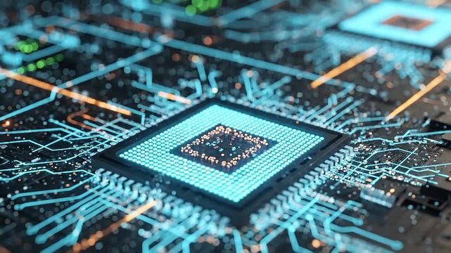 A glowing central processing unit emits digital data streams on a circuit board