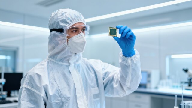 Scientist in protective suit holding microchip