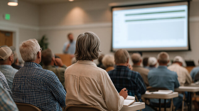 Cooperative farm data sharing platform interface showing anonymized yield benchmarks across member operations, a co-op agronomist presenting regional performance trends on a