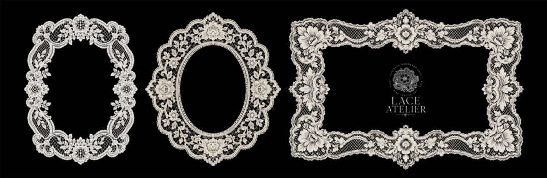Elegant lace vector frame set with ornate floral borders, oval and rectangular designs on black background for wedding invitations, luxury packaging, labels and vintage decor.