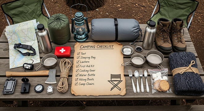 Comprehensive checklist of essential outdoor camping equipment featuring a rucksack, compass, torch, and hiking gear on a rustic wooden surface for wilderness survival and adventure planning.