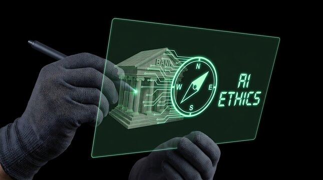 Conceptual image of AI Ethics with a digital compass and architectural wireframe.
