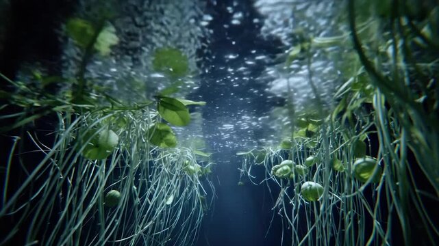 Underwater shot of aquatic plants, long roots dangle from above, bubbles rise towards the surface
