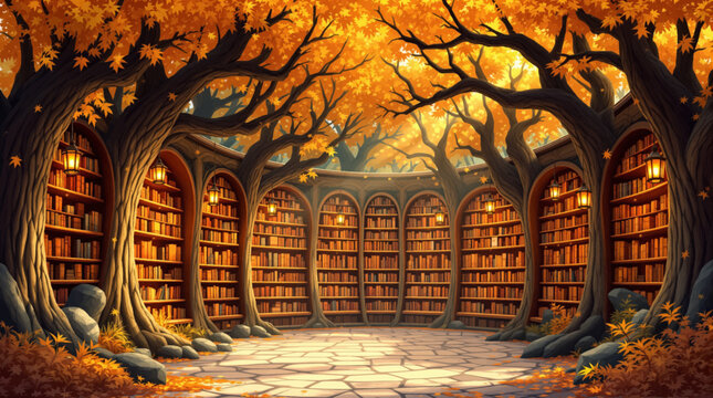 Huge vertical reading archives built between giant branches. Mysterious fallen leaves covering a wide stone pathway. Enchanted knowledge repository glowing under yellow canopy.